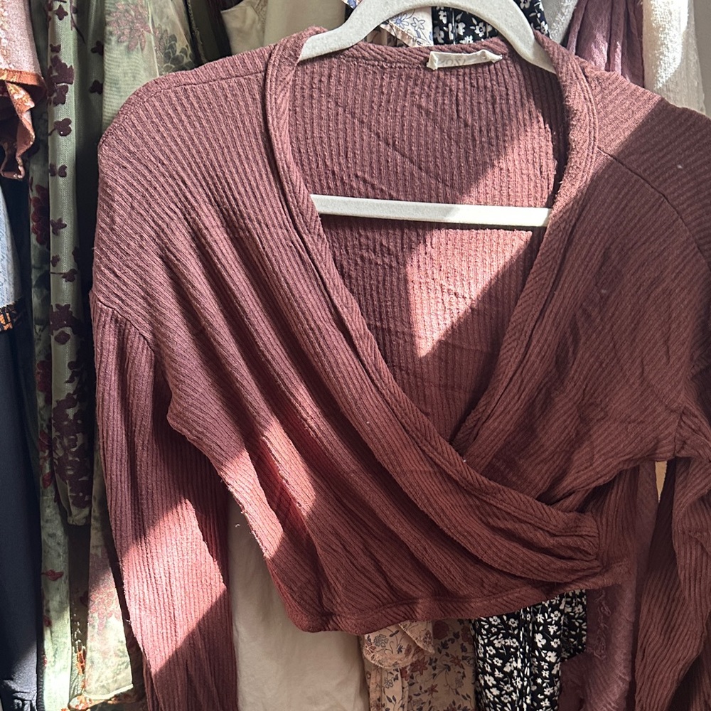 Off-the-Shoulder Ribbed Wrap Sweater - Mauve